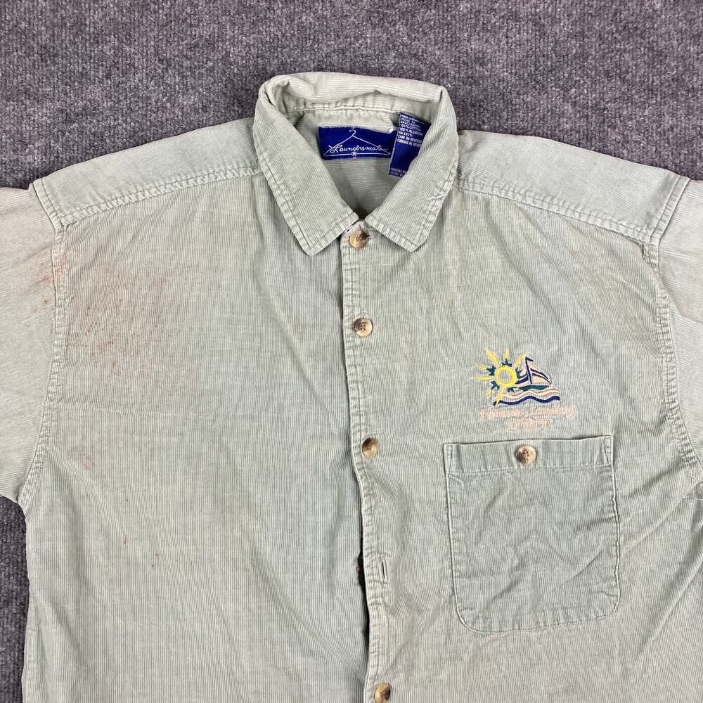 Laundromat Casual Button Womens L Green Corduroy‎ Embroidered Short Sleeve Shirt